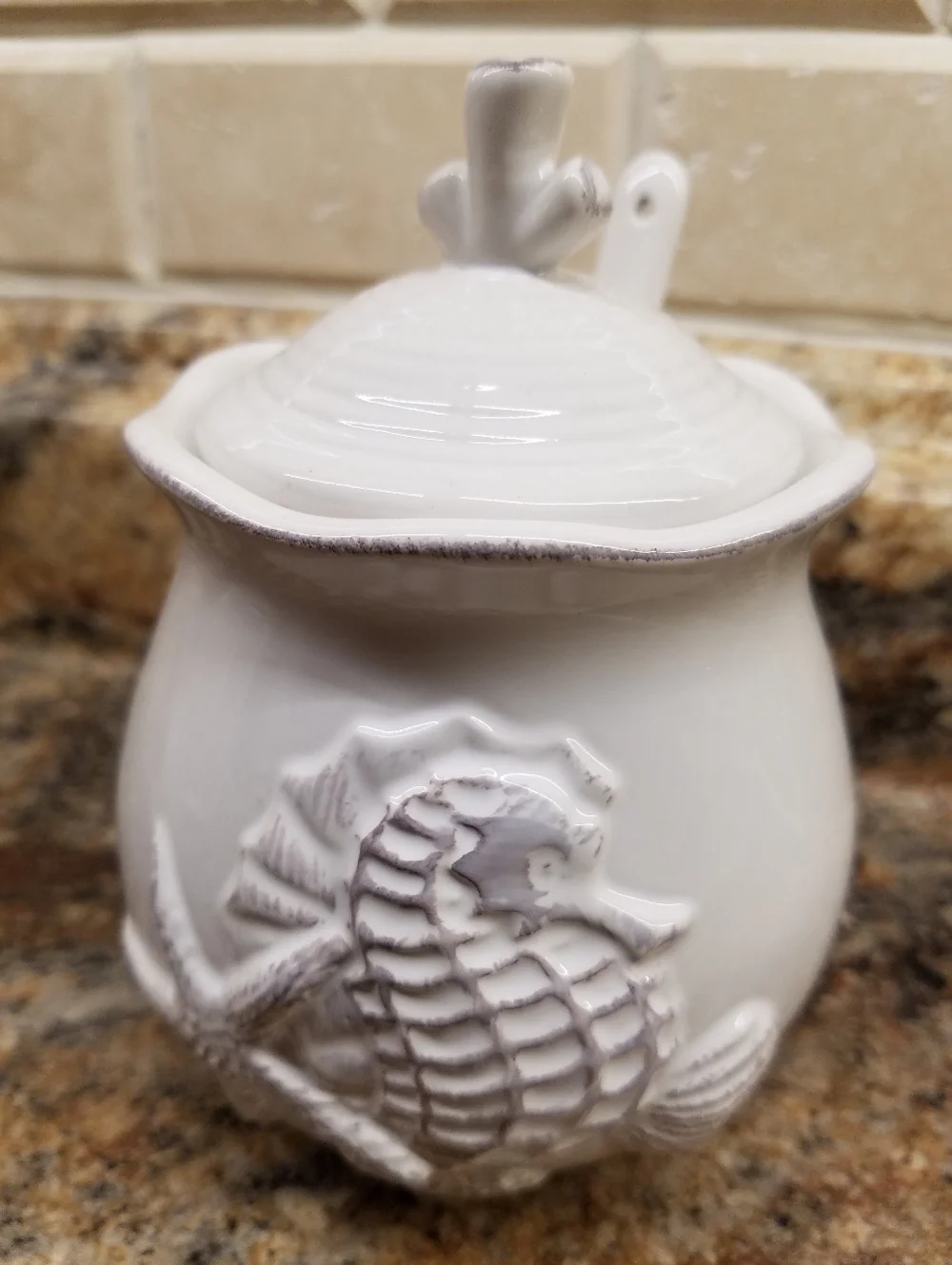 Seahorse Starfish Seashell Blue Sky Ceramic Sugar Creamer Serving Spoon Set NEW